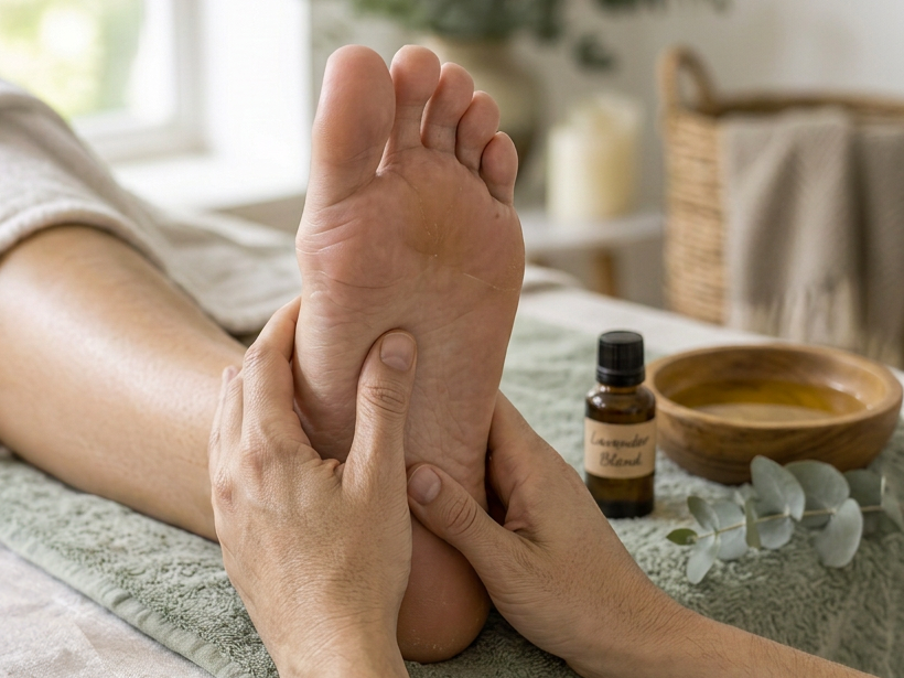 A reflexology treatment in a calm, naturally lit treatment room